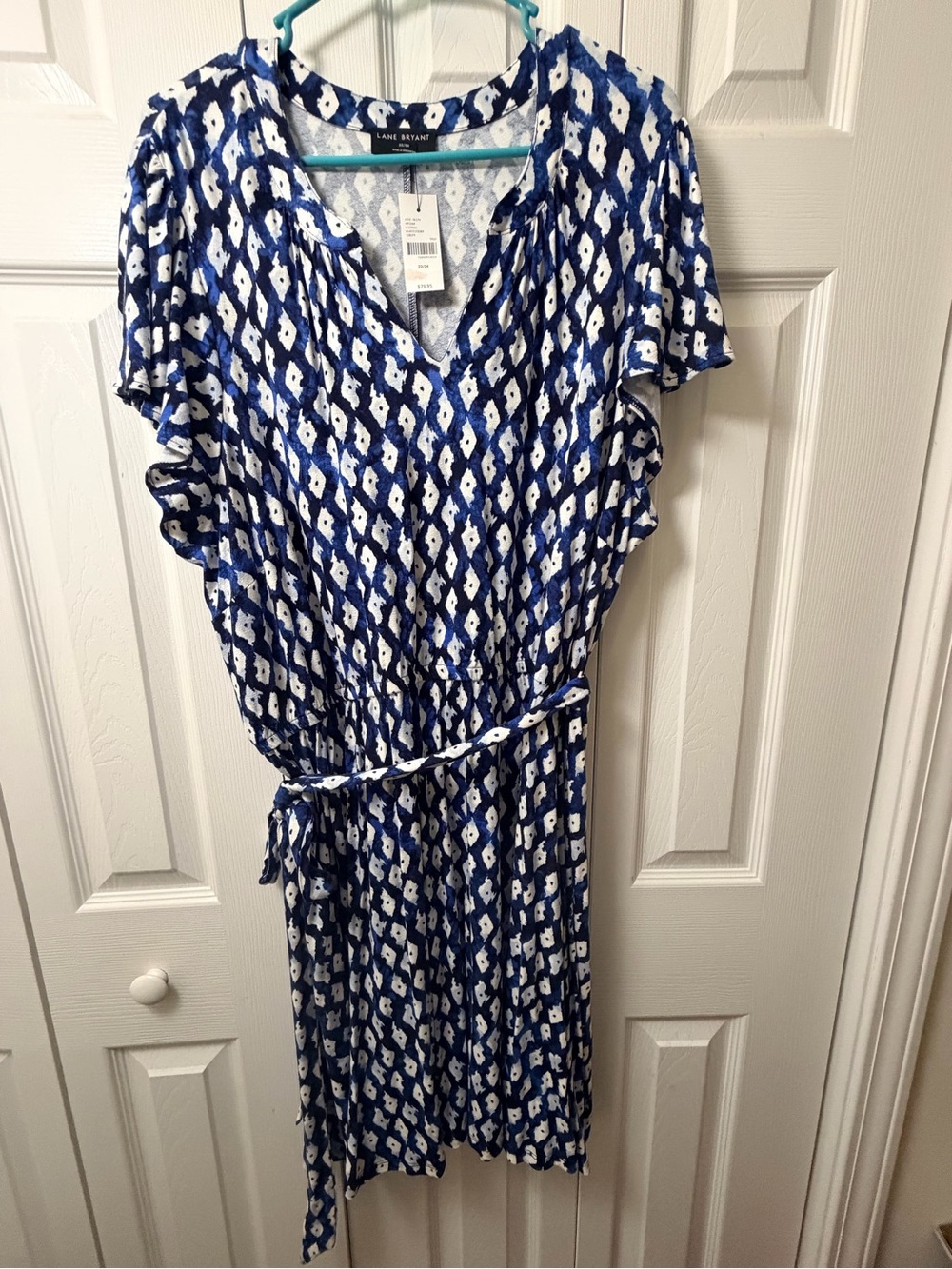 Lane Bryant Blue & White Printed V-Neck Tie-Waist Midi Dress